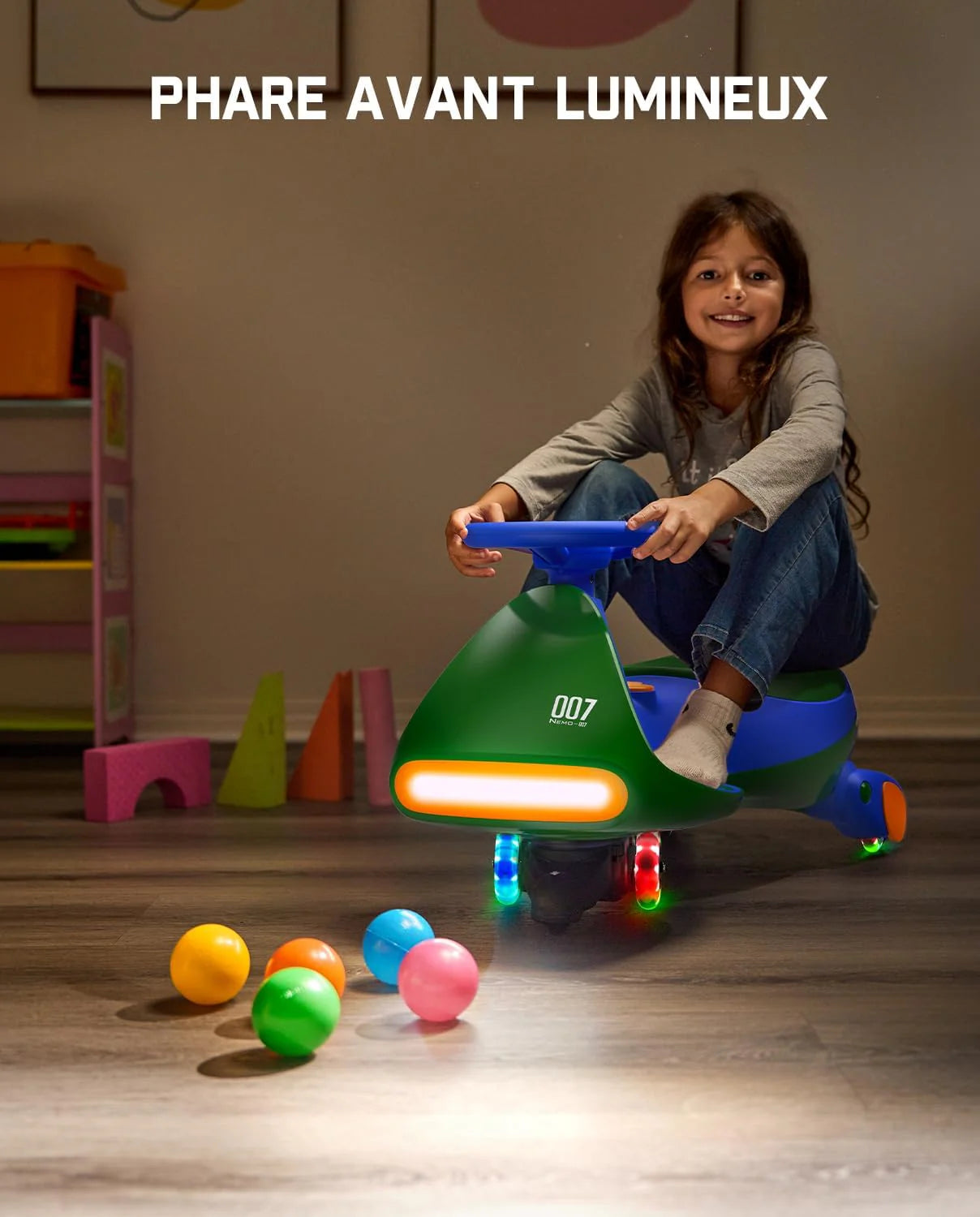 FanttikRide 12V N7 Pro Voiture Électrique Enfants, Anti-Bascule, Ergonomique, 2 en 1, 2 Vitesses, Roues Clignotantes, Bluetooth, Chargement Type C, pour Enfants à Partir de 3 Ans,Bleu-Vert.